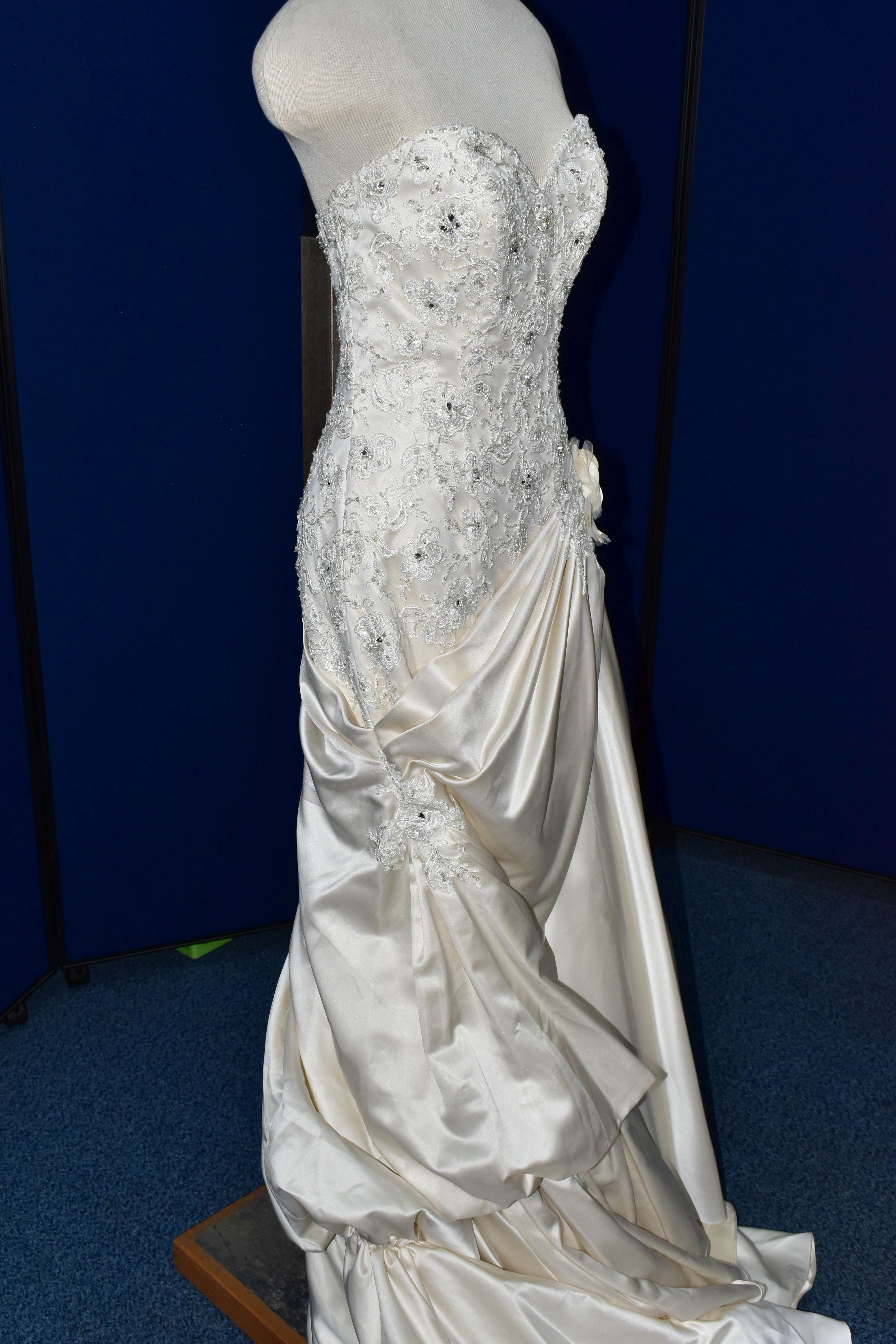 WEDDING GOWN, champagne, size 10/12, satin with beaded appliques, gathered satin skirt (1) - Image 6 of 13