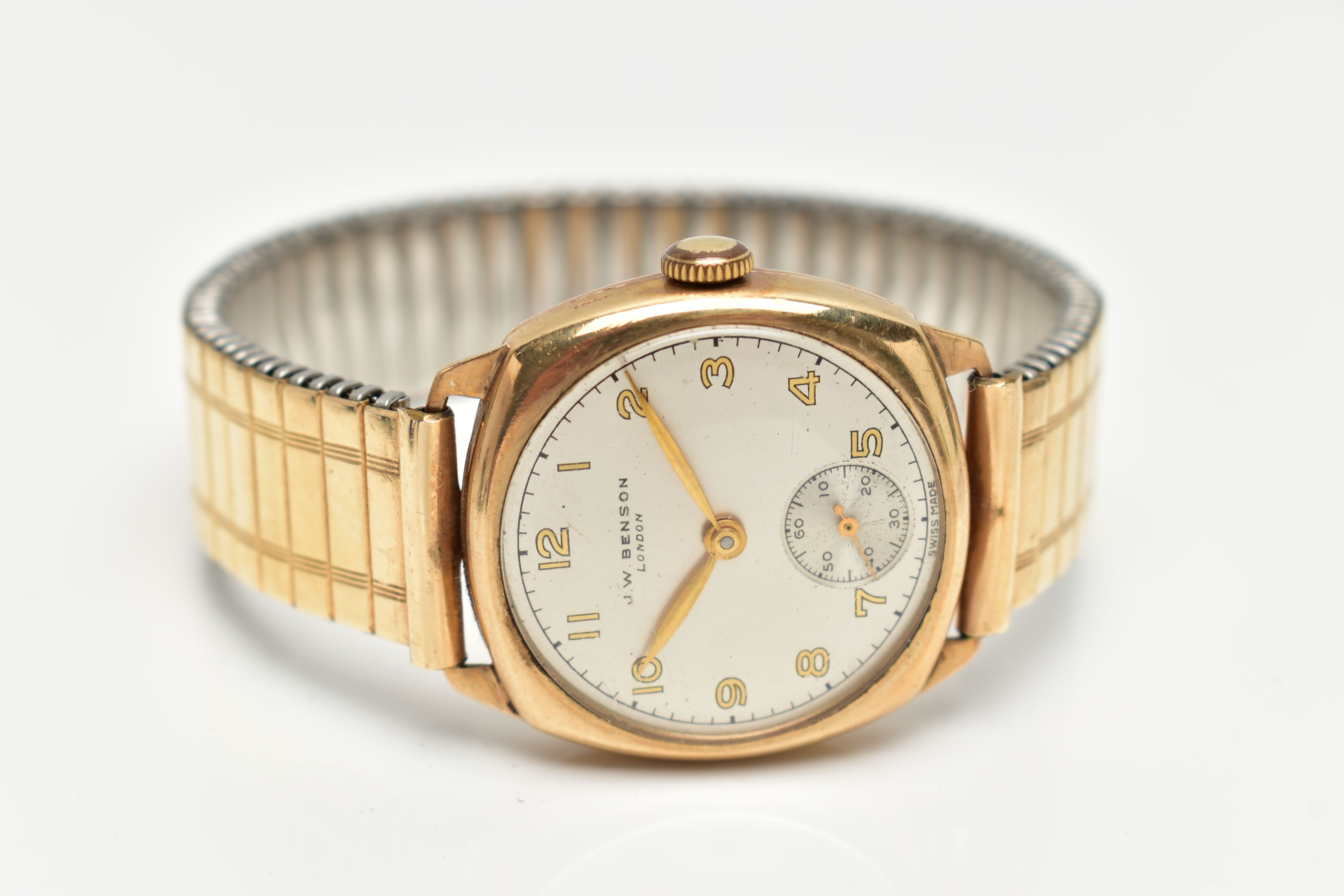 A 9CT GOLD 'J.W.BENSON' WRISTWATCH, manual wind, round silver dial signed 'J.W.Benson, London', - Image 4 of 6