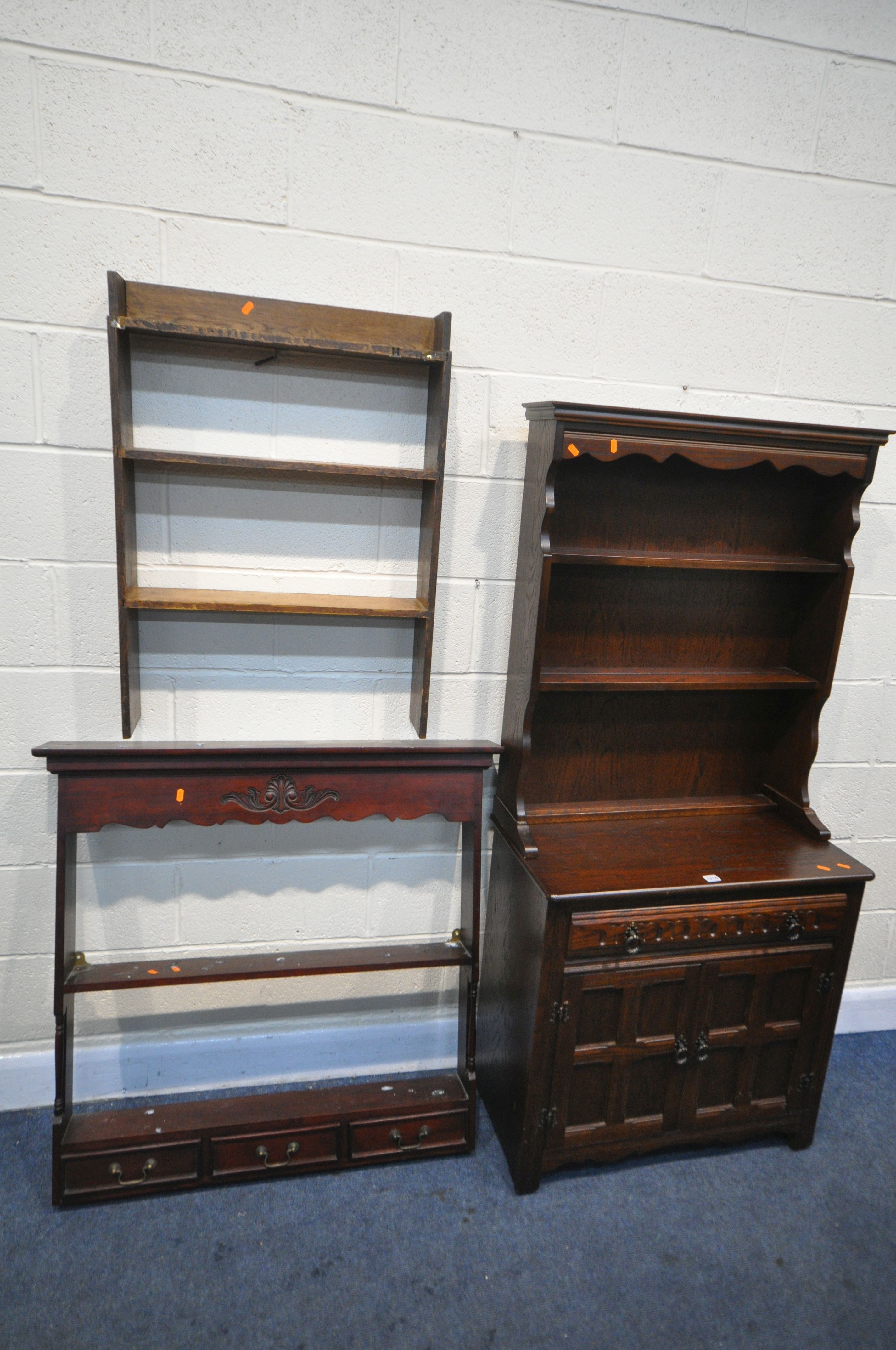 A SLIM OAK DRESSER, with a single drawer, width 77cm x depth 40cm x height 168cm, a mahogany wall