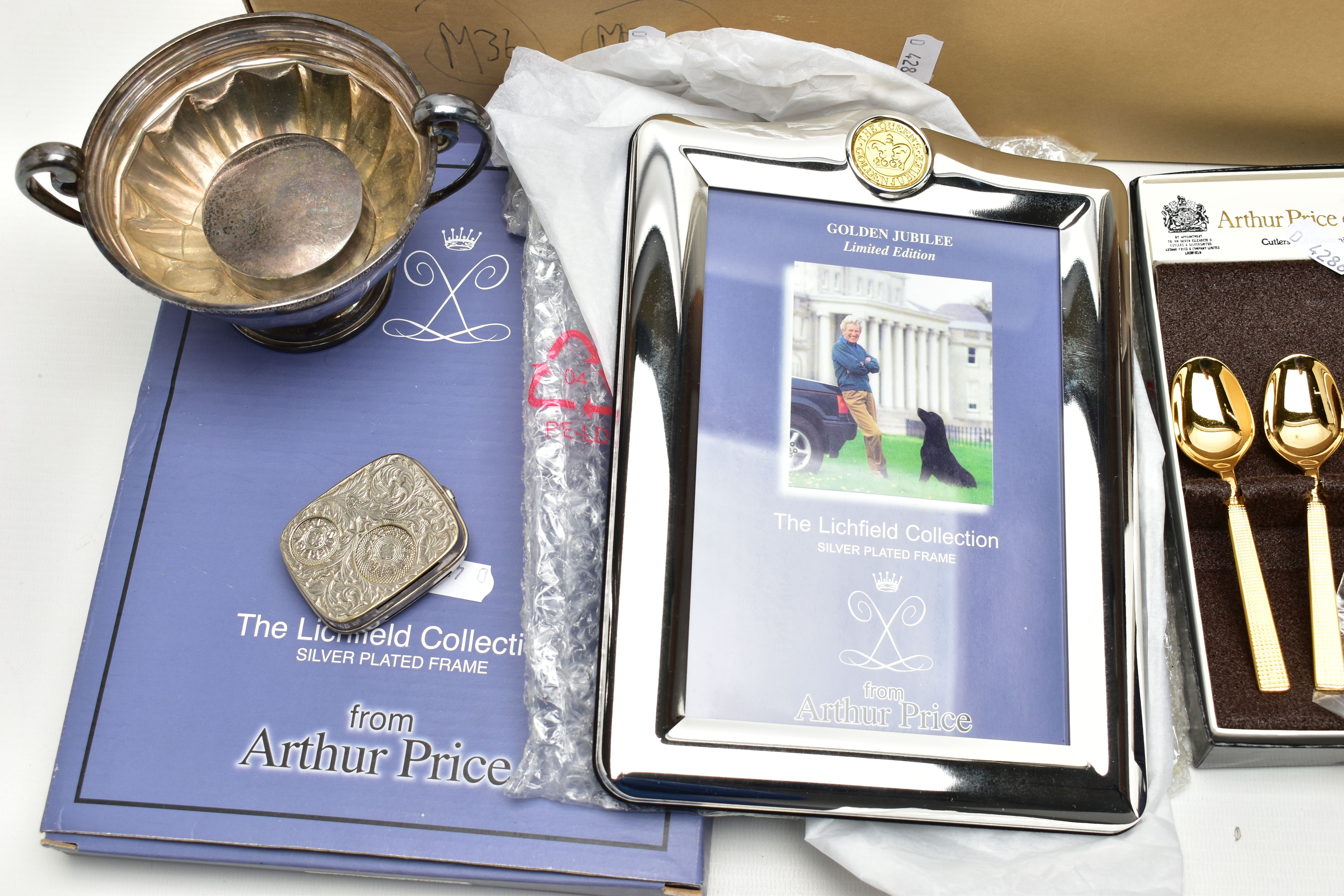 A BOX OF ASSORTED WHITE METAL WARE, to include a boxed 'Arthur Price', silver plated photo frame, - Image 2 of 5