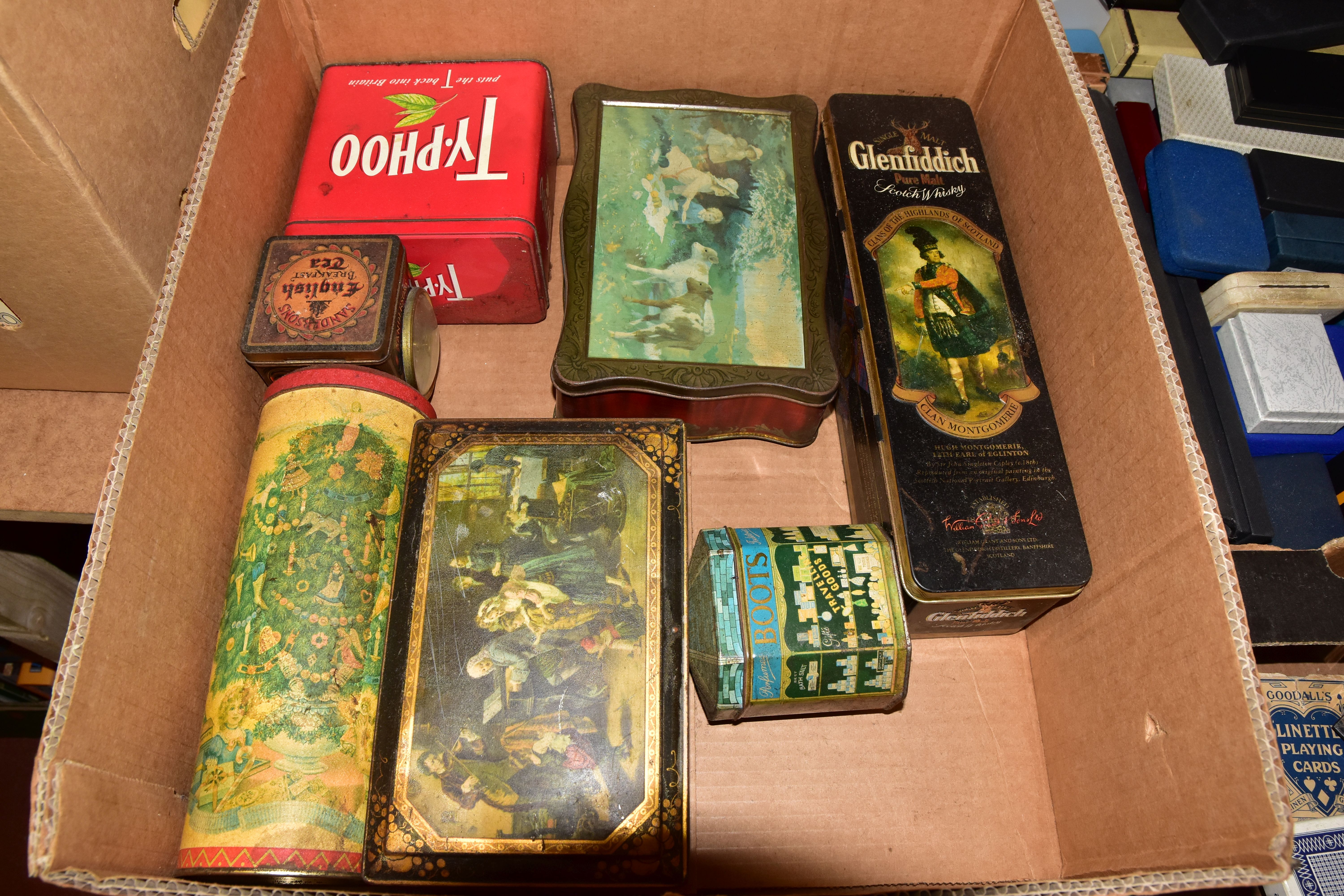 THREE BOXES OF EMPTY JEWELLERY BOXES, TINS AND PLAYING CARDS, to include a quantity of assorted - Image 3 of 4