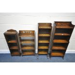 FOUR VARIOUS SLIM OAK BOOKCASES, of various sizes, largest bookcase width 46cm x depth 28cm x height