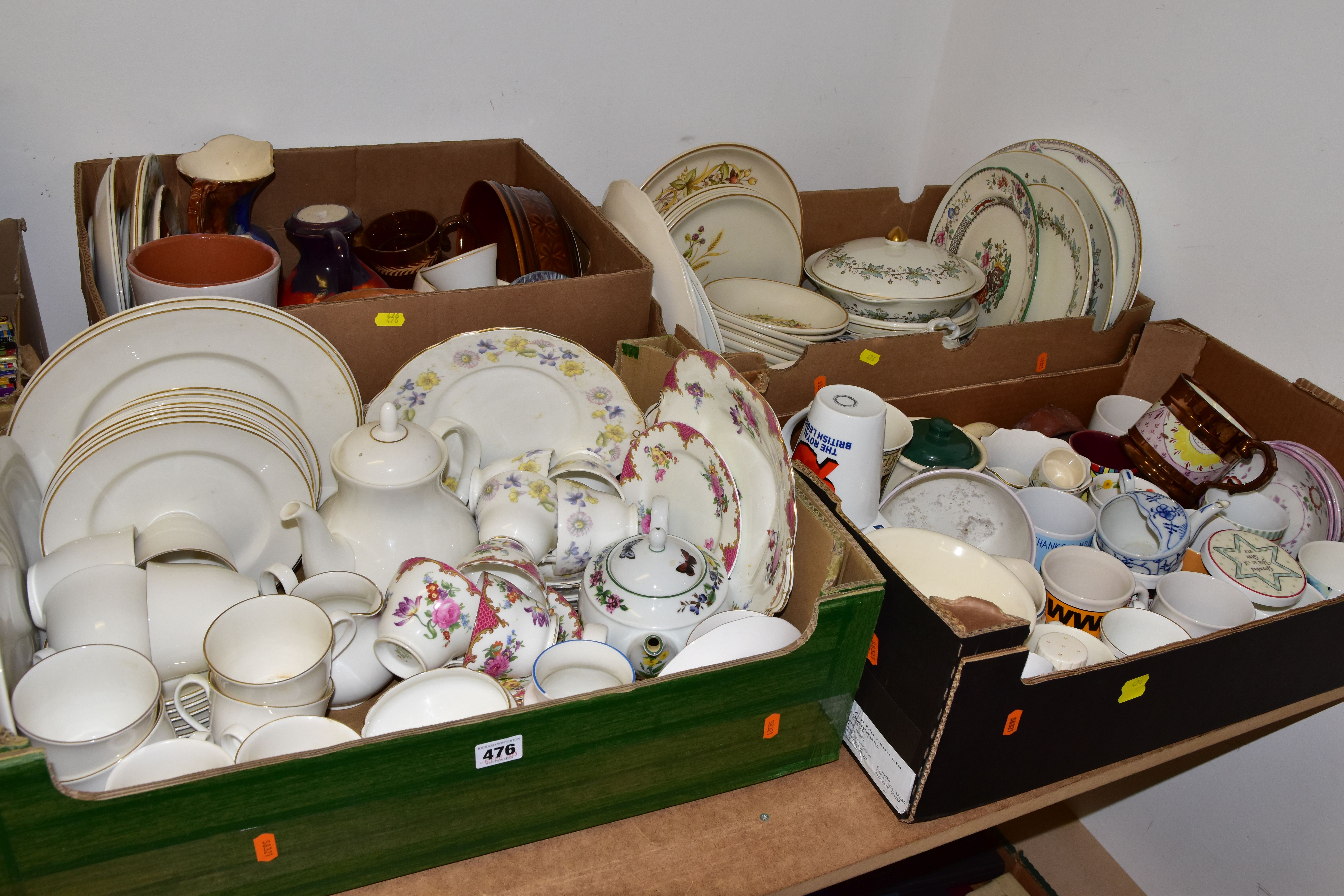 FOUR BOXES OF CERAMIC TEA AND DINNER WARES, to include a ten piece Aynsley B971 part tea set, a