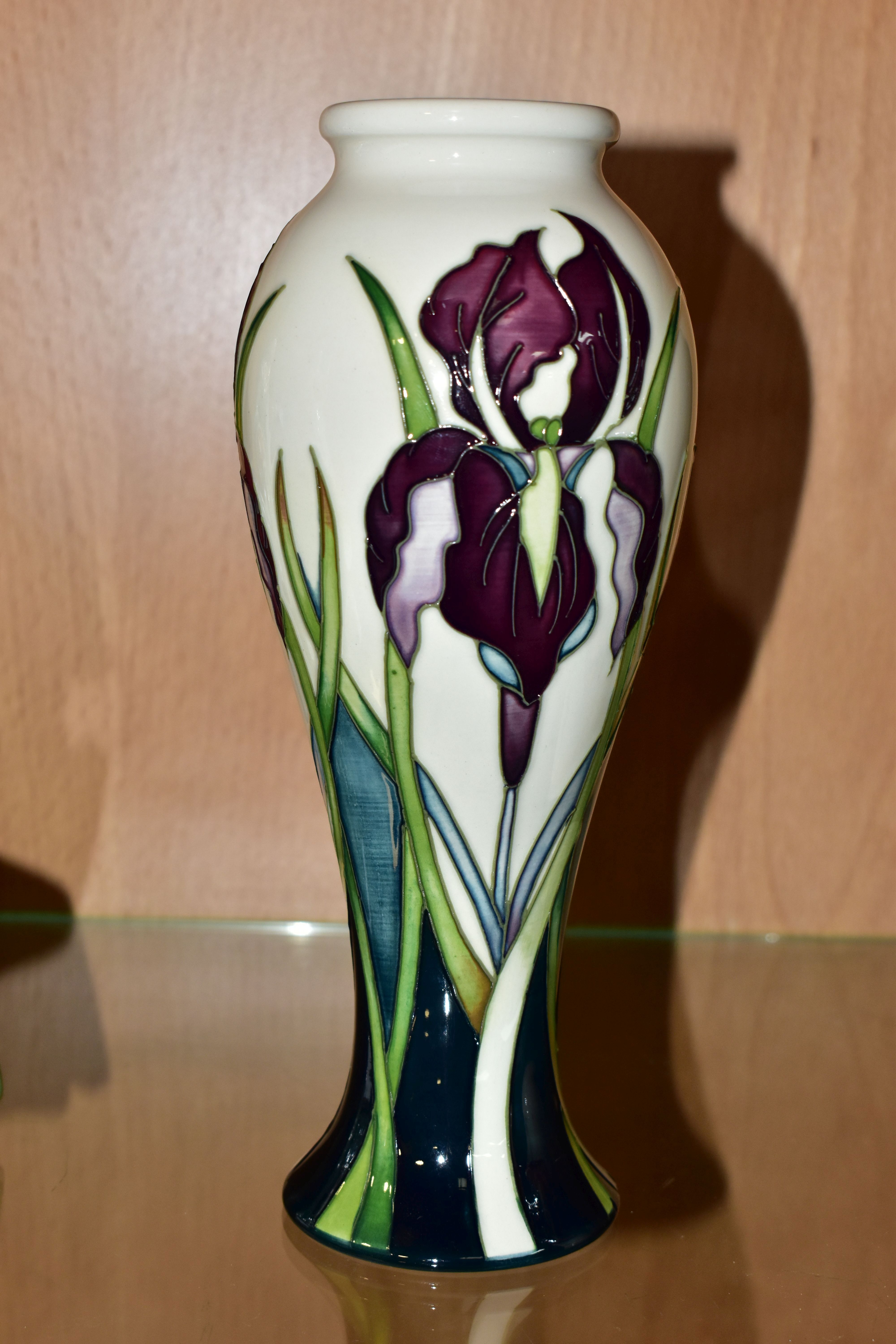 A MOORCROFT POTTERY 'ANTHEIA' VASE, of slender baluster form, decorated with purple irises on a - Image 2 of 4