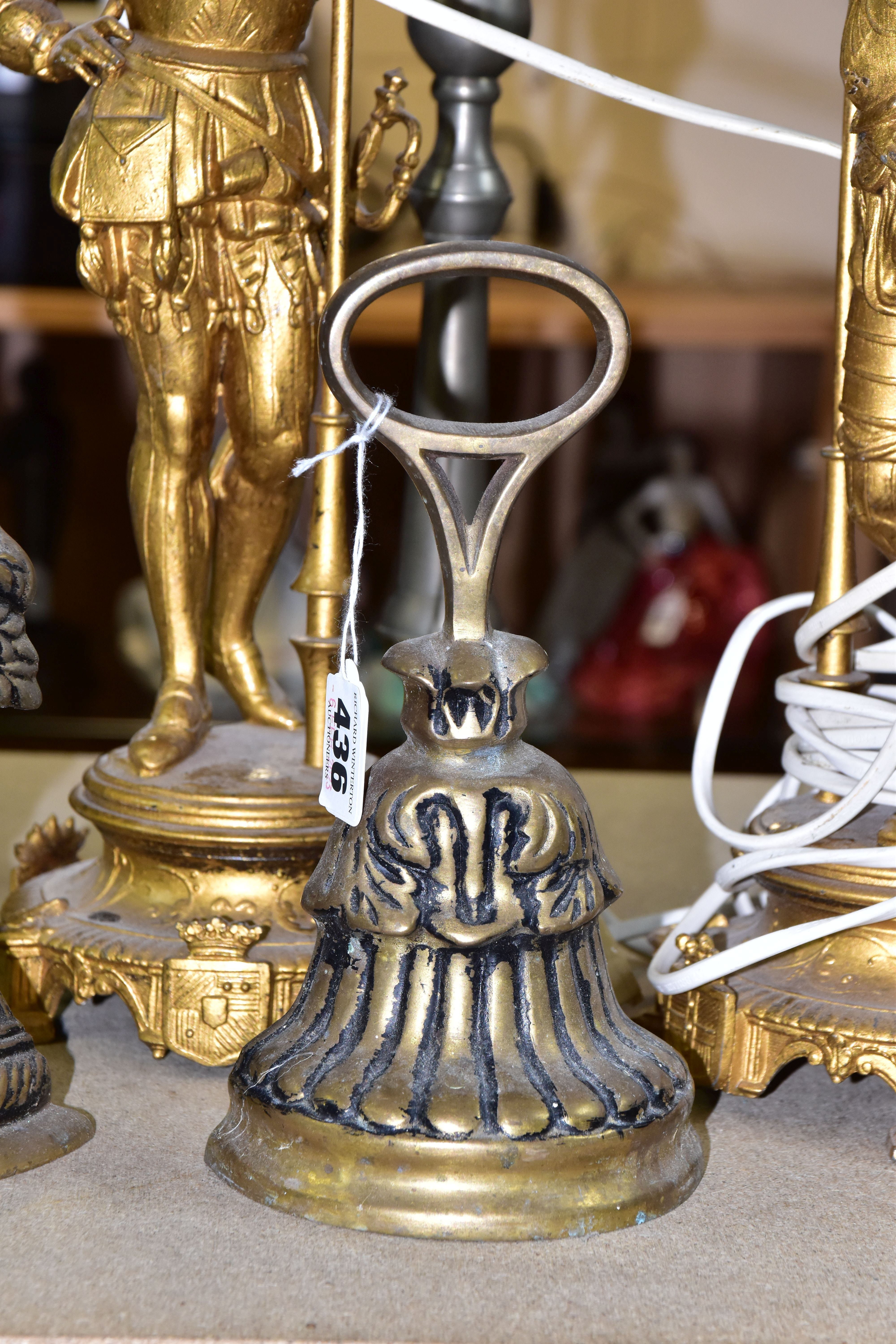 A GROUP OF METALWARE AND TABLE LAMPS, comprising a pair of early 20th Century figural table lamps in - Image 2 of 5