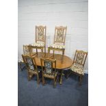 AN OLD CHARM OAK EXTEDING DINING TABLE, length 170cm x 96cm x height 74cm, and six chairs (