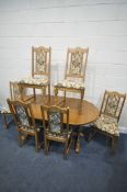 AN OLD CHARM OAK EXTEDING DINING TABLE, length 170cm x 96cm x height 74cm, and six chairs (