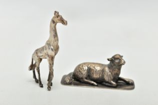 TWO WHITE METAL FIGURES, to include a silver giraff, import marks for London, 1974, approximate