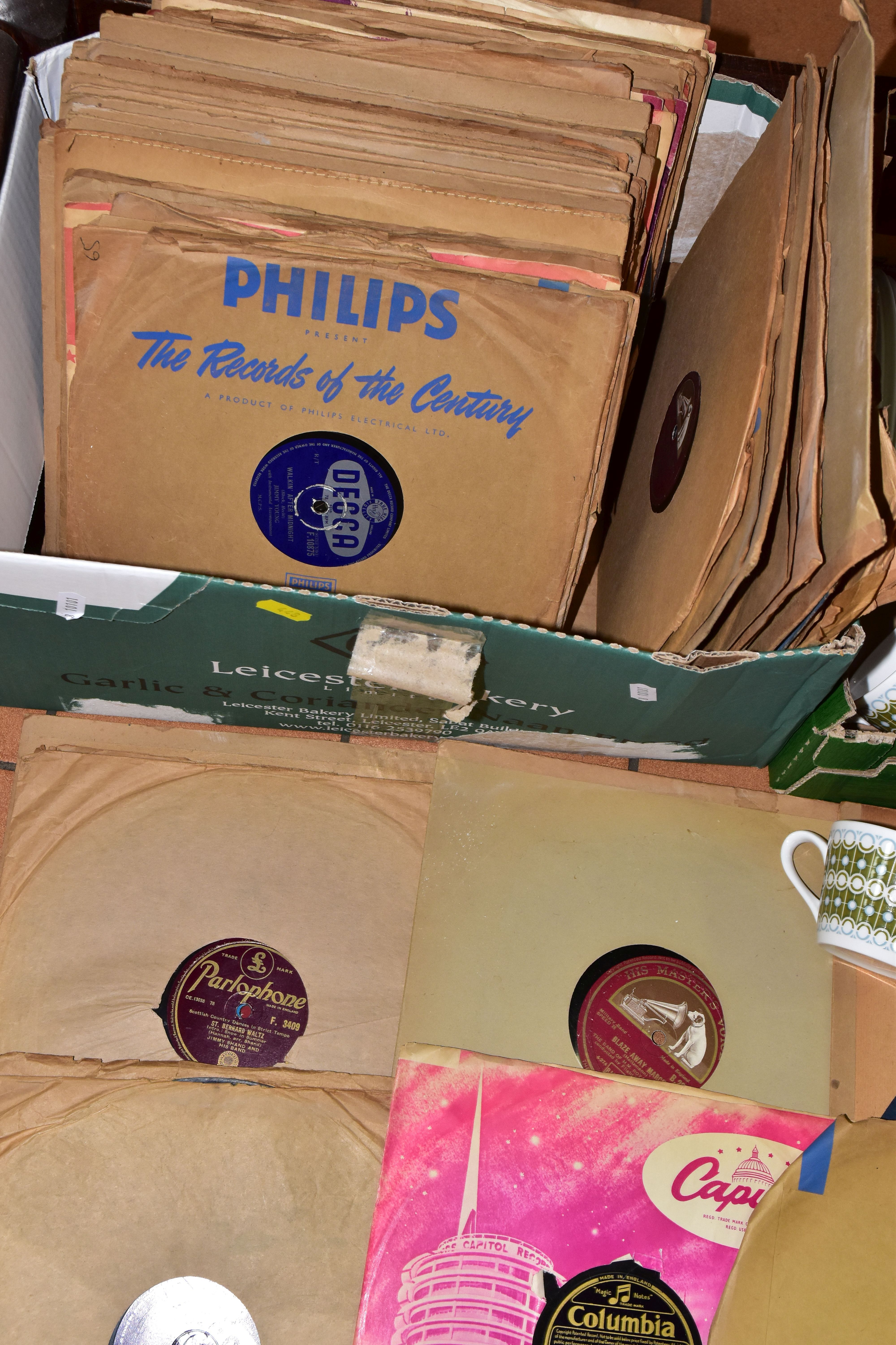 TWO BOXES OF CERAMICS AND 78RPM RECORDS, to include a twenty piece Royal Tuscan Cadenza part teaset, - Image 2 of 3