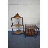 A REPRODUCTION MAHOGANY MAGAZINE RACK, with four spindled sections, and a single drawer, width