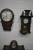 A LATE VICTORIAN WALNUT AND INLAID DROP DIAL WALL CLOCK, with an enamel dial, a walnut Vienna wall