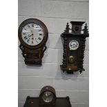 A LATE VICTORIAN WALNUT AND INLAID DROP DIAL WALL CLOCK, with an enamel dial, a walnut Vienna wall