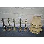 A SET OF FIVE LAURA ASHLEY BRASS CORINTHIUM COLUMN TABLE LAMPS, made in Portugal, height to