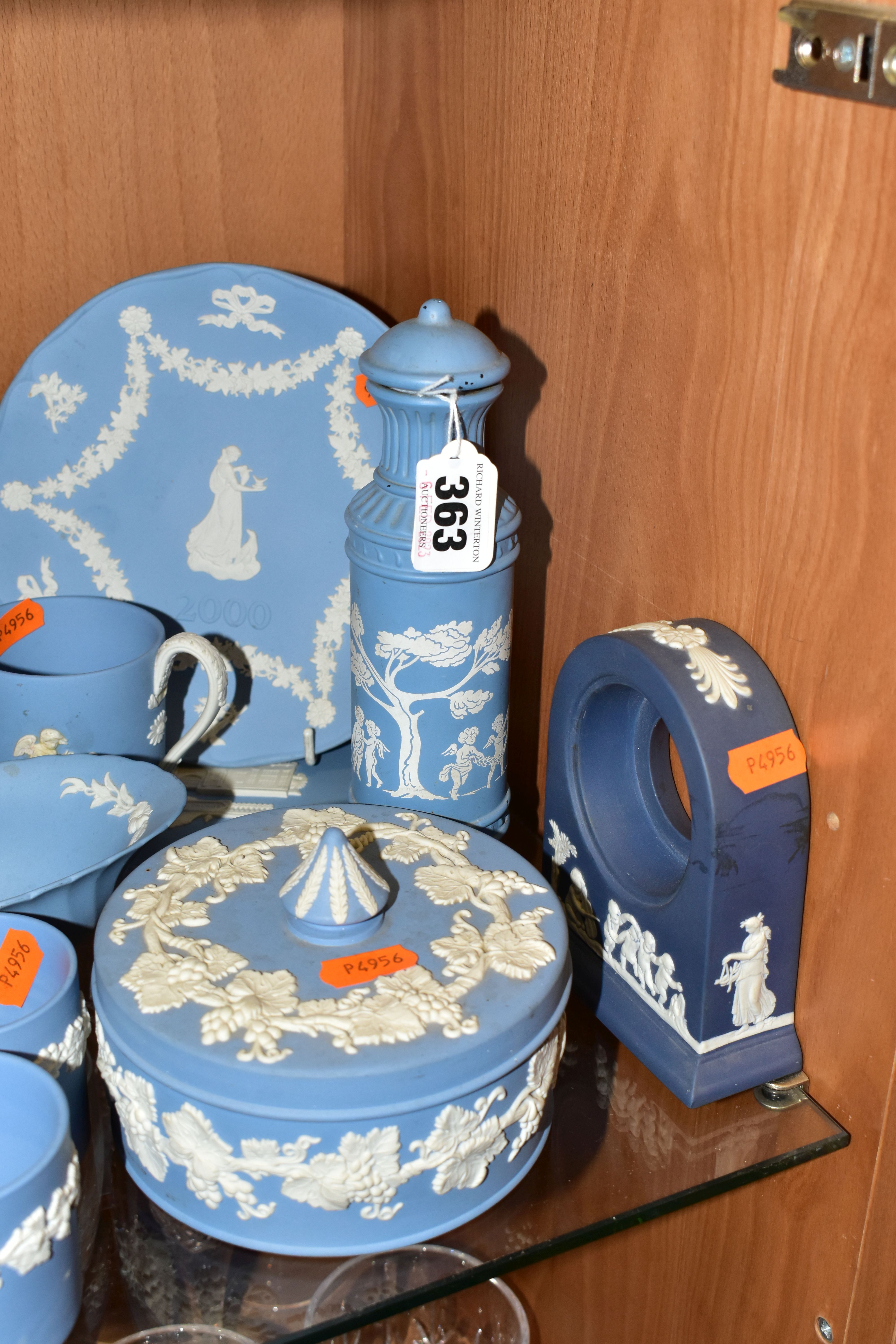 A COLLECTION OF WEDGWOOD JASPERWARES, mainly light blue pieces, to include six vases, tallest - Image 2 of 6