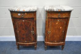 A PAIR OF LOUIS XV AMBOYNA BEDSIDE CABINETS, with a veined marble top, brass mounts, single