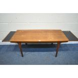 A MID CENTURY MCINTOSH TEAK COFFEE TABLE, with double extending black Formica ends, unsigned,