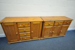 TWO PINE SIDEBOARDS, width 122cm x depth 47cm x height 90cm (condition:-distressed condition) (2)