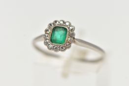 A WHITE METAL, EMERALD AND DIAMOND CLUSTER RING, centering on an emerald cut emerald, in a