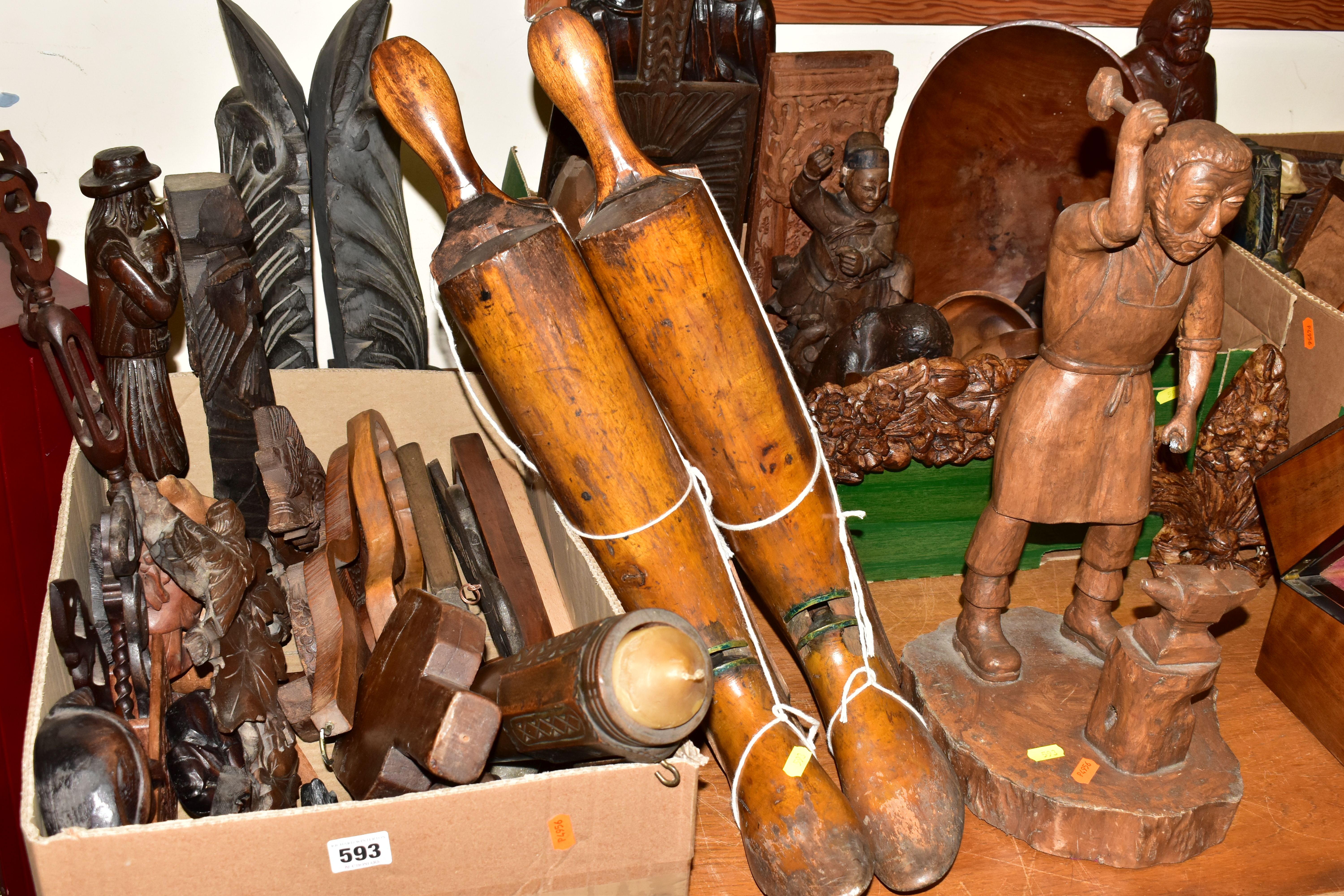 THREE BOXES AND LOOSE TREEN, to include five butter/gingerbread moulds, a pair of corbels, carved