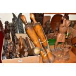 THREE BOXES AND LOOSE TREEN, to include five butter/gingerbread moulds, a pair of corbels, carved