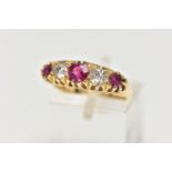 AN EARLY 20TH CENTURY 18CT GOLD, RUBY AND DIAMOND RING, designed with three circular cut rubies,