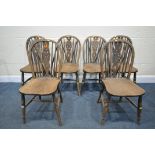 A SET OF SIX 19TH CENTURY ELM AND BEECH WHEELBACK CHAIRS (condition:-historical woodworm, some