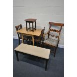 A SELECTION OF OCCASIONAL FURNITURE, to include a light oak effect drop leaf table, a duet piano