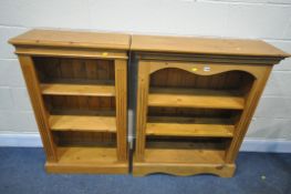TWO PINE OPEN BOOKCASES, both with two adjustable shelves, largest width 89cm x depth 33cm x
