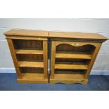 TWO PINE OPEN BOOKCASES, both with two adjustable shelves, largest width 89cm x depth 33cm x