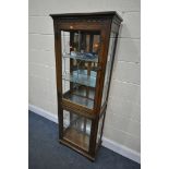 AN OLD CHARM OAK TWO DOOR LEAD GLAZED DISPLAY CABINET, with three glass shelves, width 61cm x
