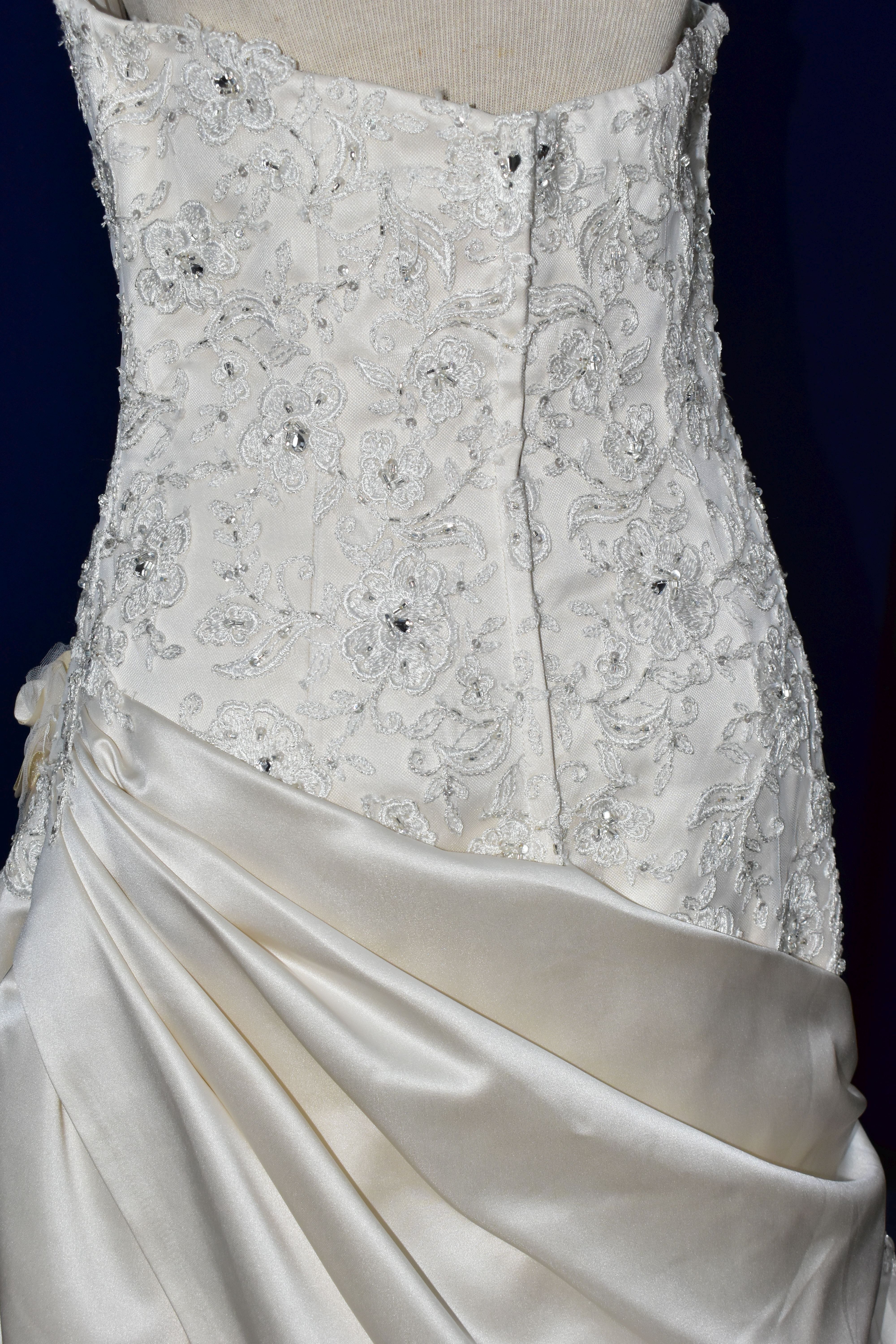 WEDDING GOWN, champagne, size 10/12, satin with beaded appliques, gathered satin skirt (1) - Image 13 of 13