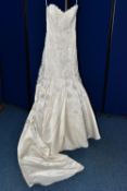 WEDDING DRESS, size 6, alabaster ivory, satin with beaded appliques, long train (1)