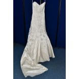 WEDDING DRESS, size 6, alabaster ivory, satin with beaded appliques, long train (1)