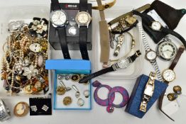 A BOX OF ASSPRTED COSTUME JEWELLERY, to include a pair of clip on yellow metal earrings set with