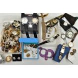 A BOX OF ASSPRTED COSTUME JEWELLERY, to include a pair of clip on yellow metal earrings set with