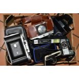 ONE BOX OF VINTAGE CAMERAS AND PHOTOGRAPHIC EQUIPMENT, to include a Ross Ensign Selfix 820 Special