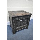 A GEORGIAN AND LATER CARVED OAK STORAGE BOX, with geometric patterns, width 55cm x depth 40cm x