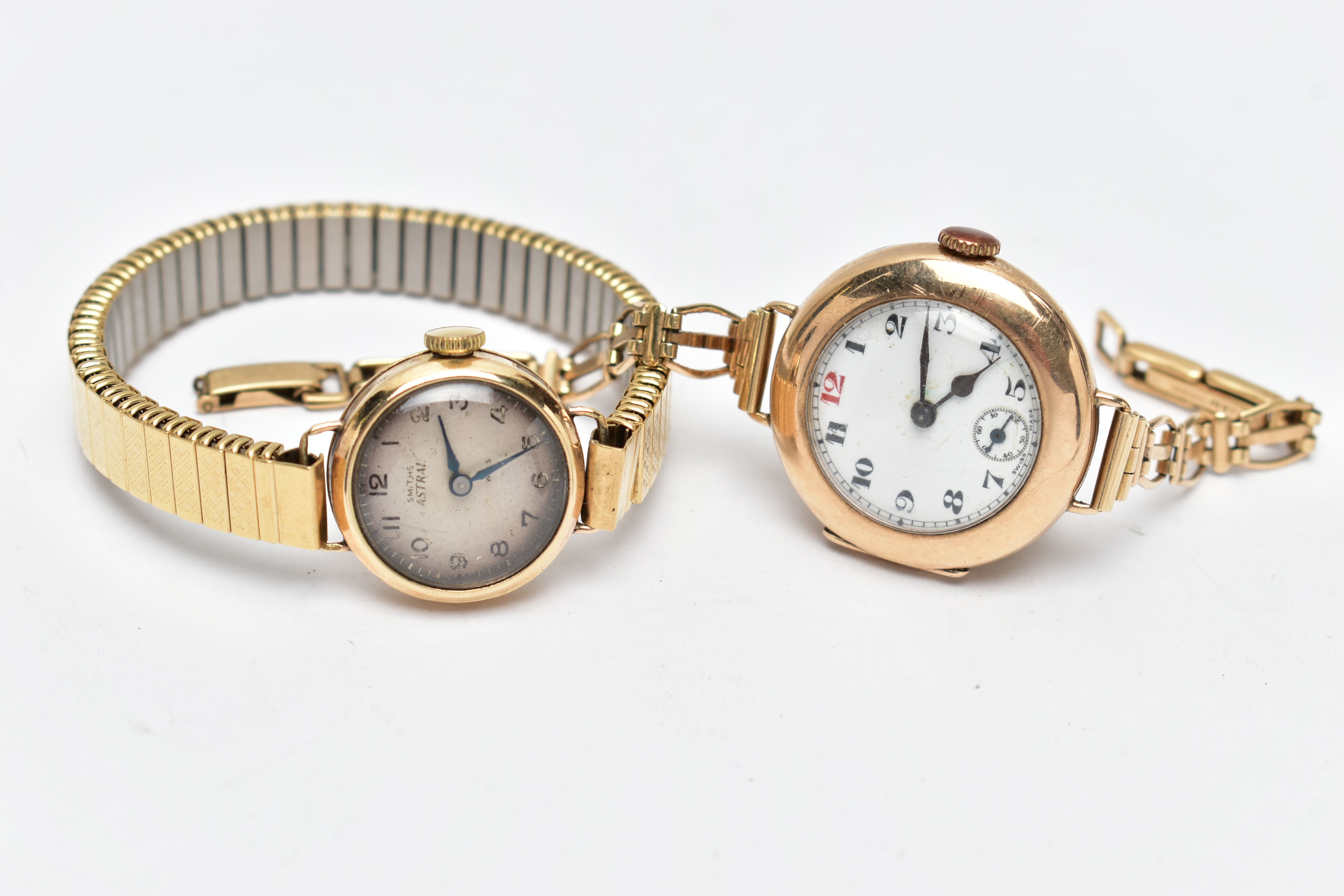 TWO LADY'S 9CT GOLD WRISTWATCHES, the first a manual wind watch, with a round white dial, Arabic