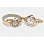 TWO LADY'S 9CT GOLD WRISTWATCHES, the first a manual wind watch, with a round white dial, Arabic