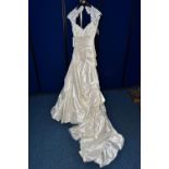 WEDDING DRESS, 'Sophia Tolli' cream satin, dropped waist, long train, beaded appliques, satin button