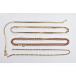 ASSORTED 9CT GOLD AND YELLOW METAL CHAINS, to include a belcher chain, fitted with a spring clasp,
