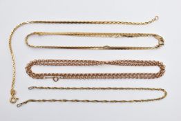 ASSORTED 9CT GOLD AND YELLOW METAL CHAINS, to include a belcher chain, fitted with a spring clasp,