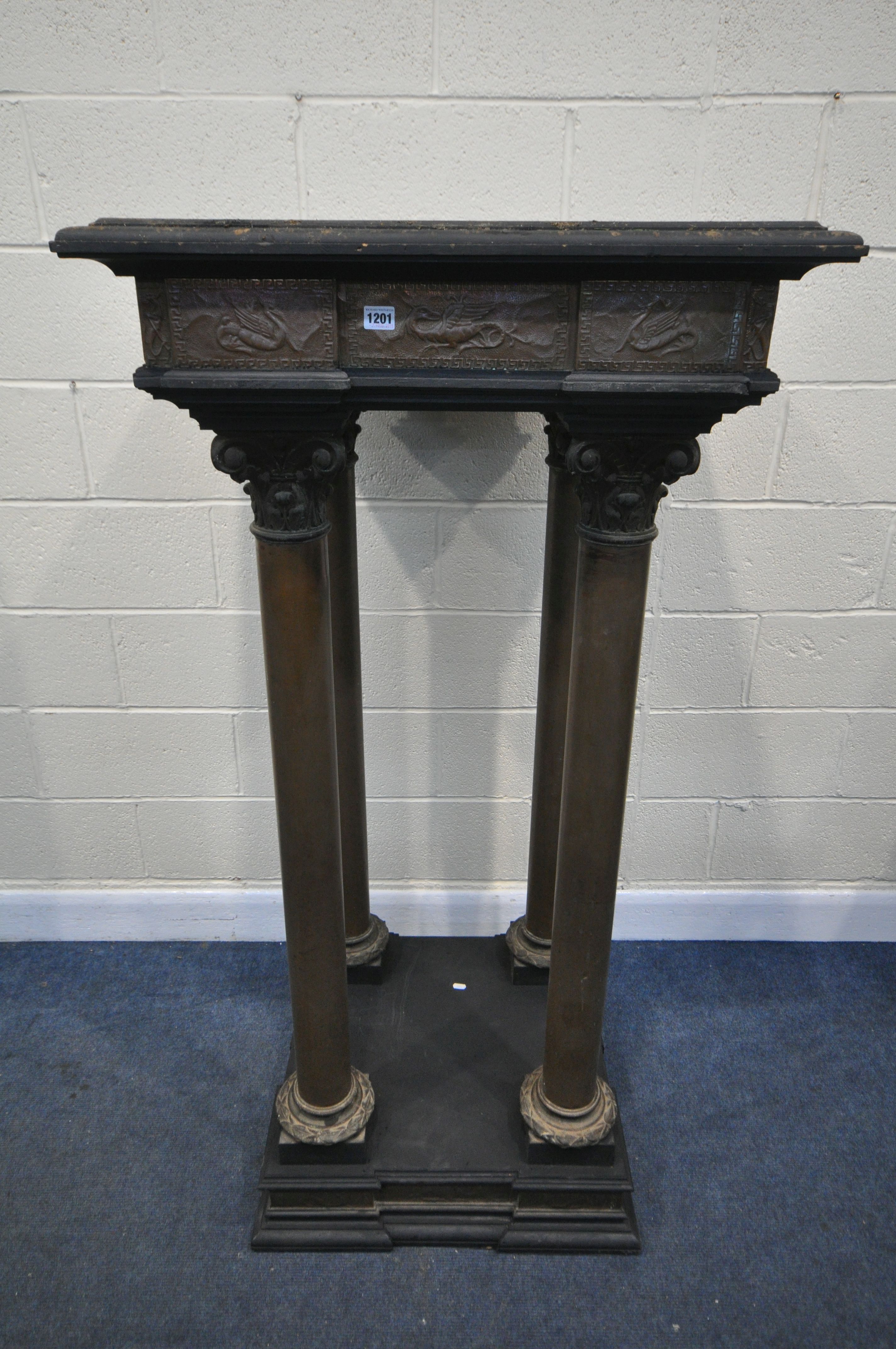 AN 19TH CENTURY FRENCH COLUMN PEDESTAL, with later ebonised wood, embossed brass work panels, on