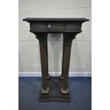 AN 19TH CENTURY FRENCH COLUMN PEDESTAL, with later ebonised wood, embossed brass work panels, on
