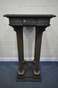AN 19TH CENTURY FRENCH COLUMN PEDESTAL, with later ebonised wood, embossed brass work panels, on
