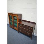 A VICTORIAN WALNUT GLAZED TWO DOOR BOOKCASE, on cabriole legs, width 91cm x depth 36cm x height