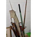 A BOX OF WALKING STICKS AND FISHING ROD, to include a walking stick with silver handle, hallmarked