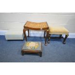 A 20TH CENTURY MAHOGANY CANE SEATED STOOL, on cabriole legs, a low stool with needlework upholstery,