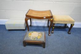 A 20TH CENTURY MAHOGANY CANE SEATED STOOL, on cabriole legs, a low stool with needlework upholstery,