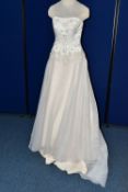 WEDDING DRESS, champagne, satin bodice, tulle skirt, beaded appliques, off the shoulder, approximate